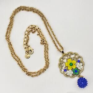 TALBOTS Enamel Flower Pendant Necklace Rhinestone Navy Blue Yellow R306k